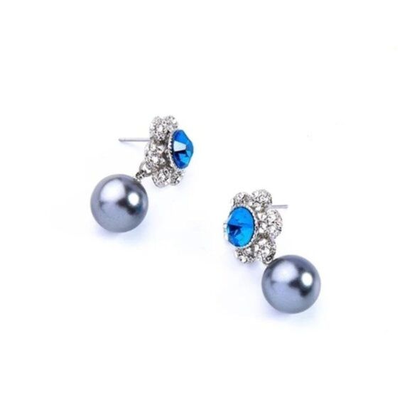 Blue Crystal Flower Pearl Vintage Silver Dangle Statement Earrings - Picture 6 of 12